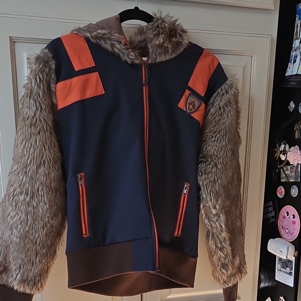 Kids Faux-Fur Sleeve Hooded Jacket - Black & Brown with Orange Trim